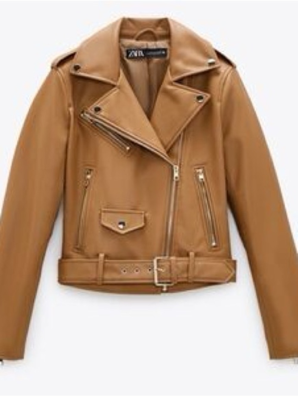 Zara Cognac pleather biker jacket with gold accents